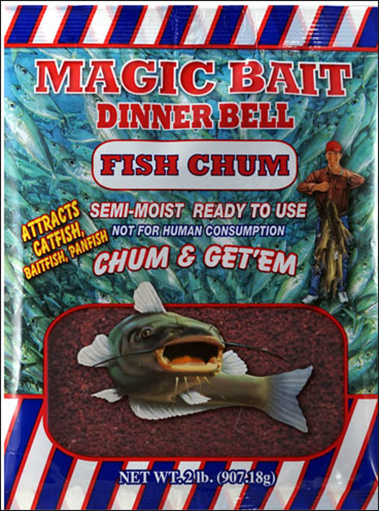Magic Bait Dinner Bell Fish Chum bait bag packaging, featuring a large artificial fish illustration on a red background with red, white, and blue striped borders.