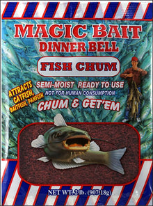 Magic Bait Dinner Bell Fish Chum bait bag packaging, featuring a large artificial fish illustration on a red background with red, white, and blue striped borders.