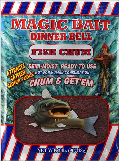Magic Bait Dinner Bell Fish Chum bait bag packaging, featuring a large artificial fish illustration on a red background with red, white, and blue striped borders.