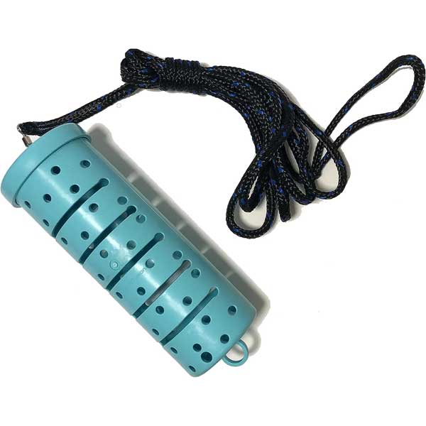 Turquoise chum dispenser with black cord on a white background