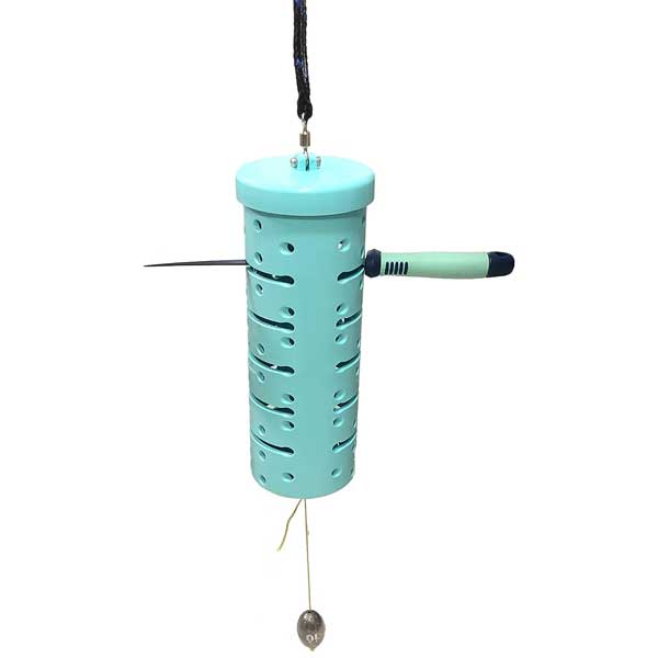 Turquoise chum dispenser with a hanging mechanism on a white background