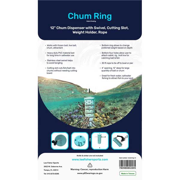 Advertisement for a chum ring product with underwater scene and features listed.