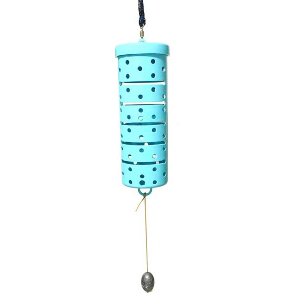 Blue chum dispenser with hanging string on a white background