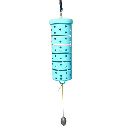 Blue chum dispenser with hanging string on a white background