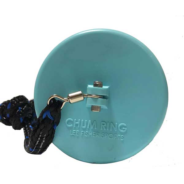 Teal chum ring with a rope on a white background
