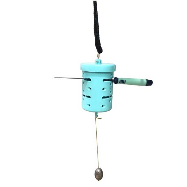 Turquoise chum dispenser with a hanging mechanism and knife in slot with weight on the bottom
