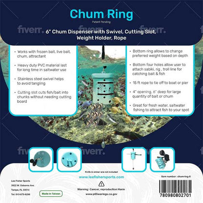 Back view of a chum ring product packaging with text and images of fish and ocean scenery.