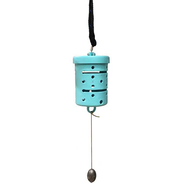 Turquoise chum cage 6 inches tall with a hanging mechanism on a white background