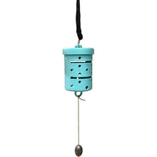 Turquoise chum cage 6 inches tall with a hanging mechanism on a white background