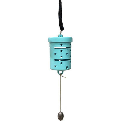 Turquoise chum cage 6 inches tall with a hanging mechanism on a white background