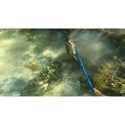 Person using a blue tool to interact with underwater plants