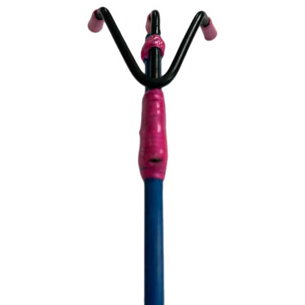 Pink and black toy with a blue handle on a white background