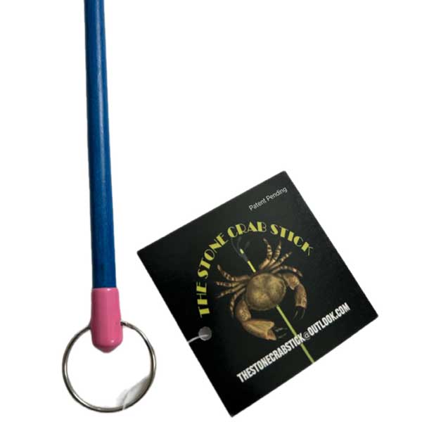 Blue and pink stick with a key ring and branded card on a white background