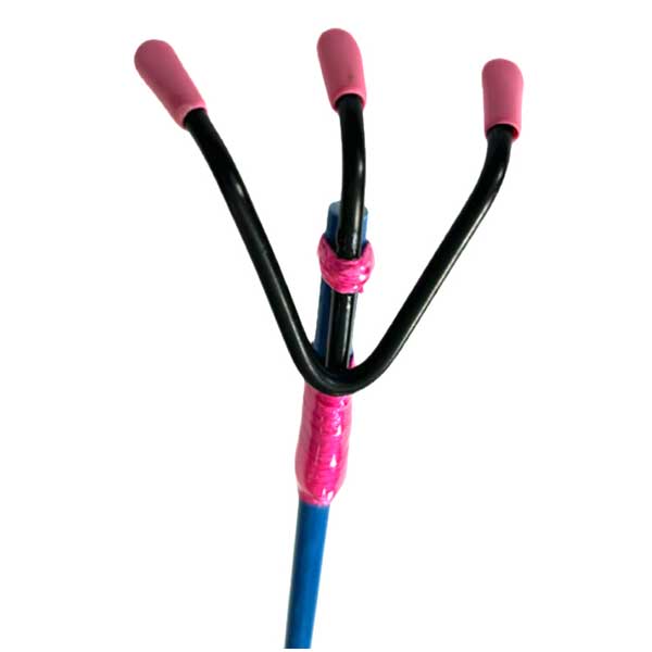 Three-pronged tool with pink and blue handles on a white background