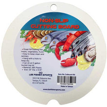 Non-slip round cutting board with fish illustration and product details on a white background