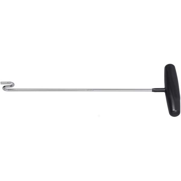 Metal fish hook remover tool with black handle on a white background