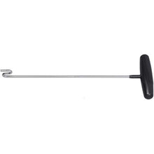 Metal fish hook remover tool with black handle on a white background