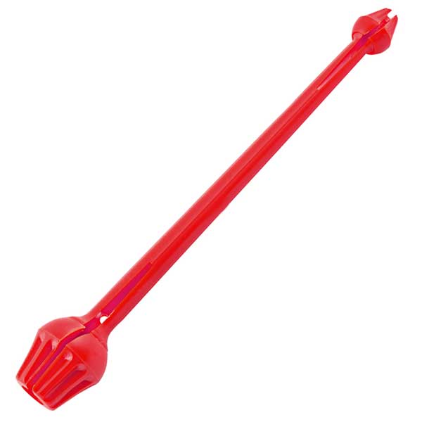 Red plastic hook remover tool with a handle and pointed end on a white background