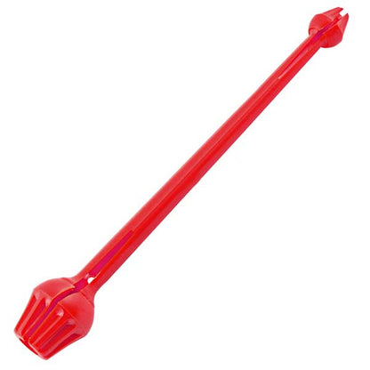 Red plastic hook remover tool with a handle and pointed end on a white background