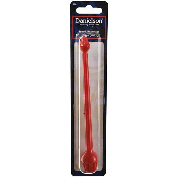 Red plastic fish hook removal tool with packaging labeled 'Danielson' on a white background