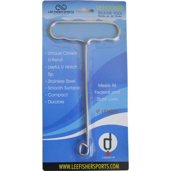 Dehooker release tool packaging with blue background and Lee Fisher Sports branding.