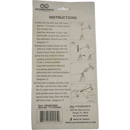 Back of a Lee Fisher Sports dehooker packaging with instructions and contact information.