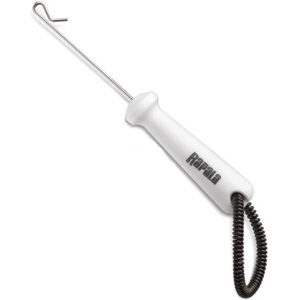 White fishing hook remover tool with a coiled black lanyard on a white background, branded 'Rapala'.