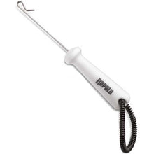 White fishing hook remover tool with a coiled black lanyard on a white background, branded 'Rapala'.