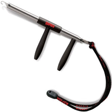 Fishing hook remover with a black and red pistol handle on a white background