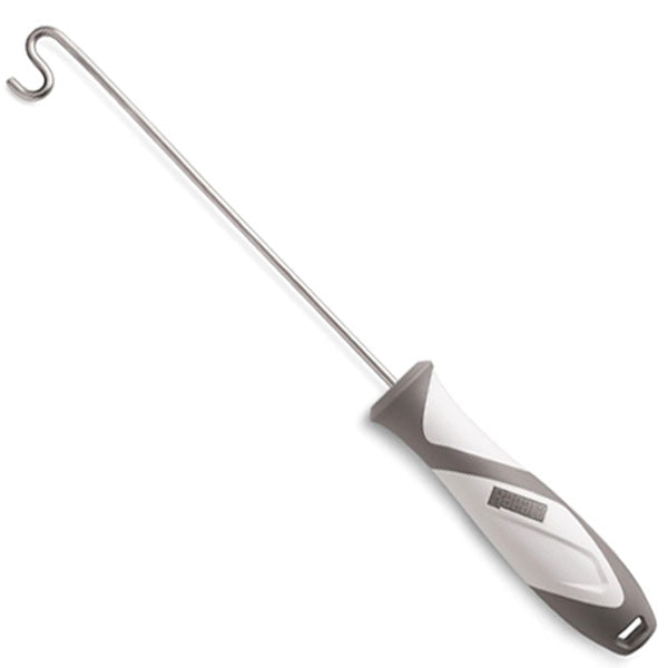 curved end fishing hook remover with a white & grey handle and metallic blade on a white background