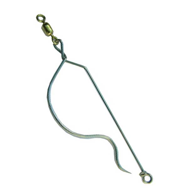 Fishing descender hook with wire and swivel on a white background