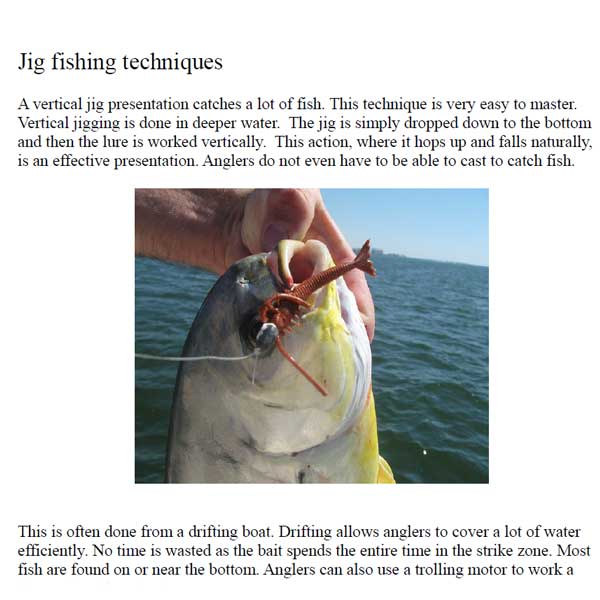 Fishing lure in a fish's mouth with text about jig fishing techniques