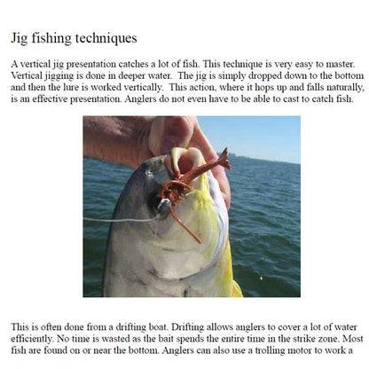 Fishing lure in a fish's mouth with text about jig fishing techniques
