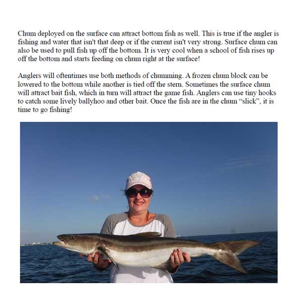 Person holding a large fish with text about fishing techniques on a blue sky and ocean background