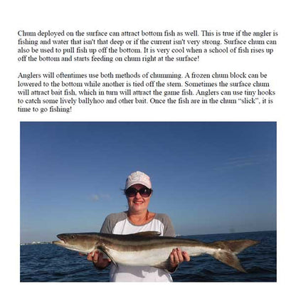 Person holding a large fish with text about fishing techniques on a blue sky and ocean background