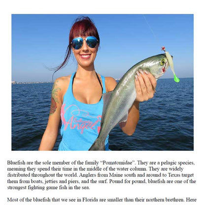 Woman holding a bluefish on a boat with text about bluefish.