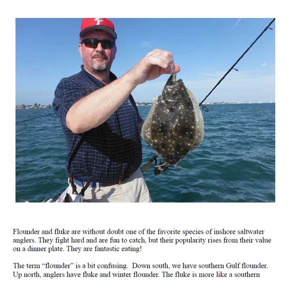Man holding a flounder on a boat with text about flounder and fluke fishing.