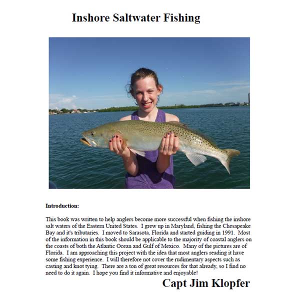 Person holding a fish with text about inshore saltwater fishing on a white background