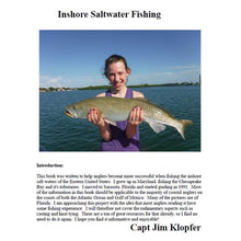 Person holding a fish with text about inshore saltwater fishing on a white background