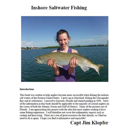 Person holding a fish with text about inshore saltwater fishing on a white background