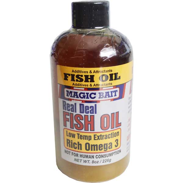 Bottle of Magic Bait Real Deal Fish Oil on a white background