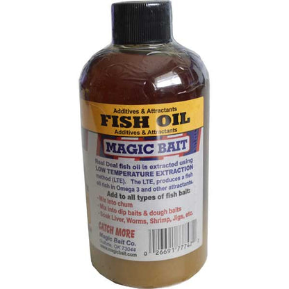Bottle of Magic Bait fish oil with label on a white background