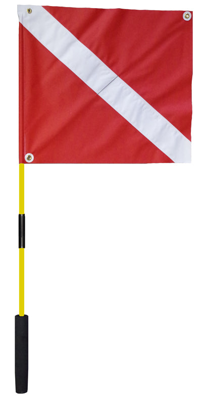 4 foot dive flag on a yellow fiberglass 2 piece pole with foam end to fit in boat fishing rod holder