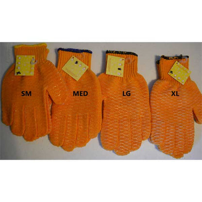 Four pairs of orange gloves labeled Small, Medium, Large, and Extra Large on a white background.