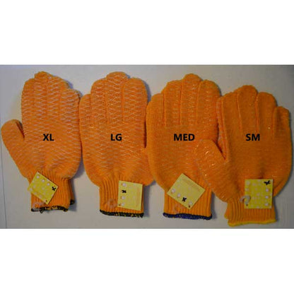 Four pairs of orange gloves labeled XL, LG, MED, and SM on a white background.