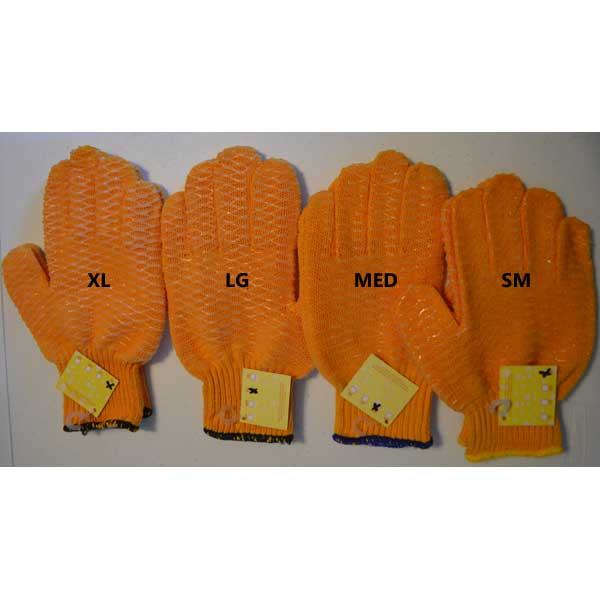 Four pairs of orange gloves labeled XL, LG, MED, and SM on a white background.