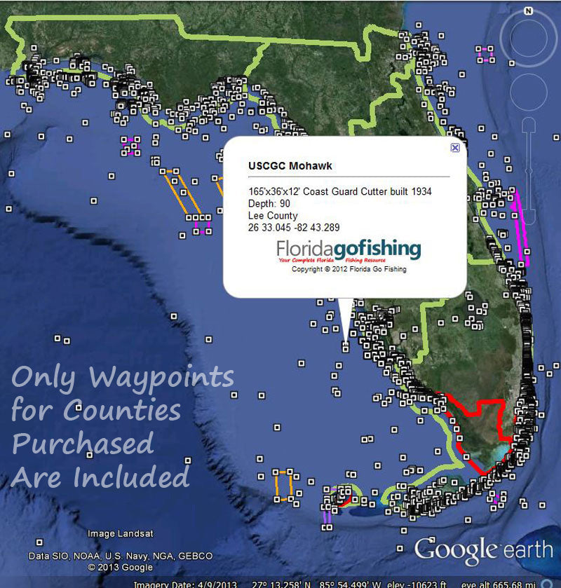Map of Florida with fishing waypoints and a detailed waypoint information box.