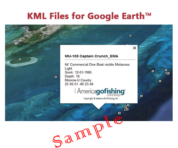 Screenshot of KML files for Google Earth with a fishing-related message.