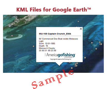 Screenshot of KML files for Google Earth with a fishing-related message.