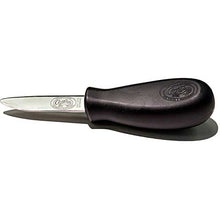 Black-handled oyster knife with a white background